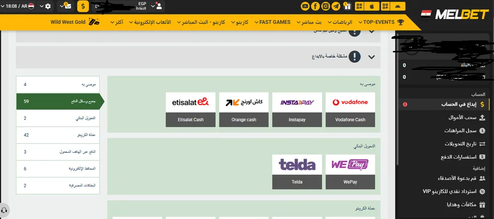صفحة الإيداع في Melbet لحساب مصري بدون PayPal