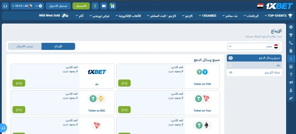 صفحة الإيداع في 1xBet لحساب مصري بدون PayPal