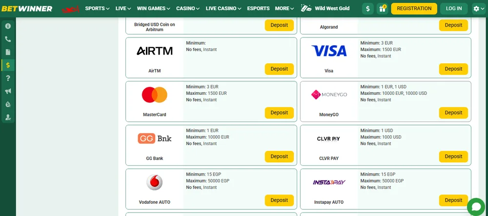 وسائل الإيداع في Betwinner بدون PayPal