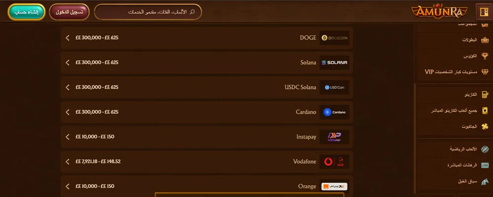 صفحة الإيداع في Amunra لحساب مصري بدون PayPal