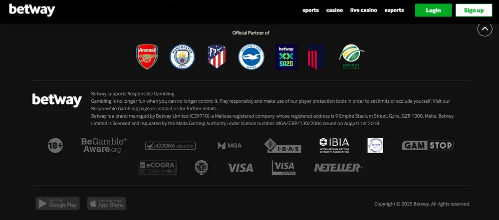 شارات الدفع في تذييل موقع Betway بدون PayPal
